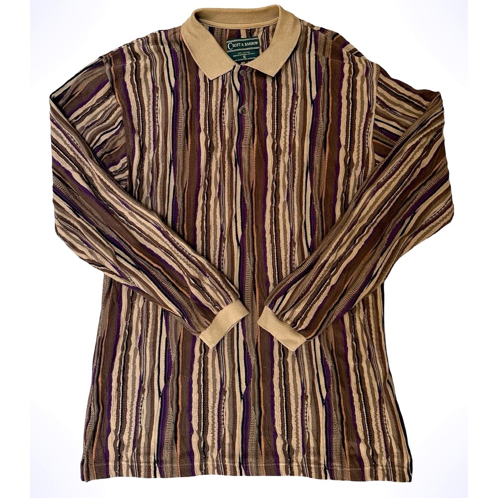 Vintage Croft & Barrow Mens Coogi Style Textured Polo Shirt Tan Purple Small